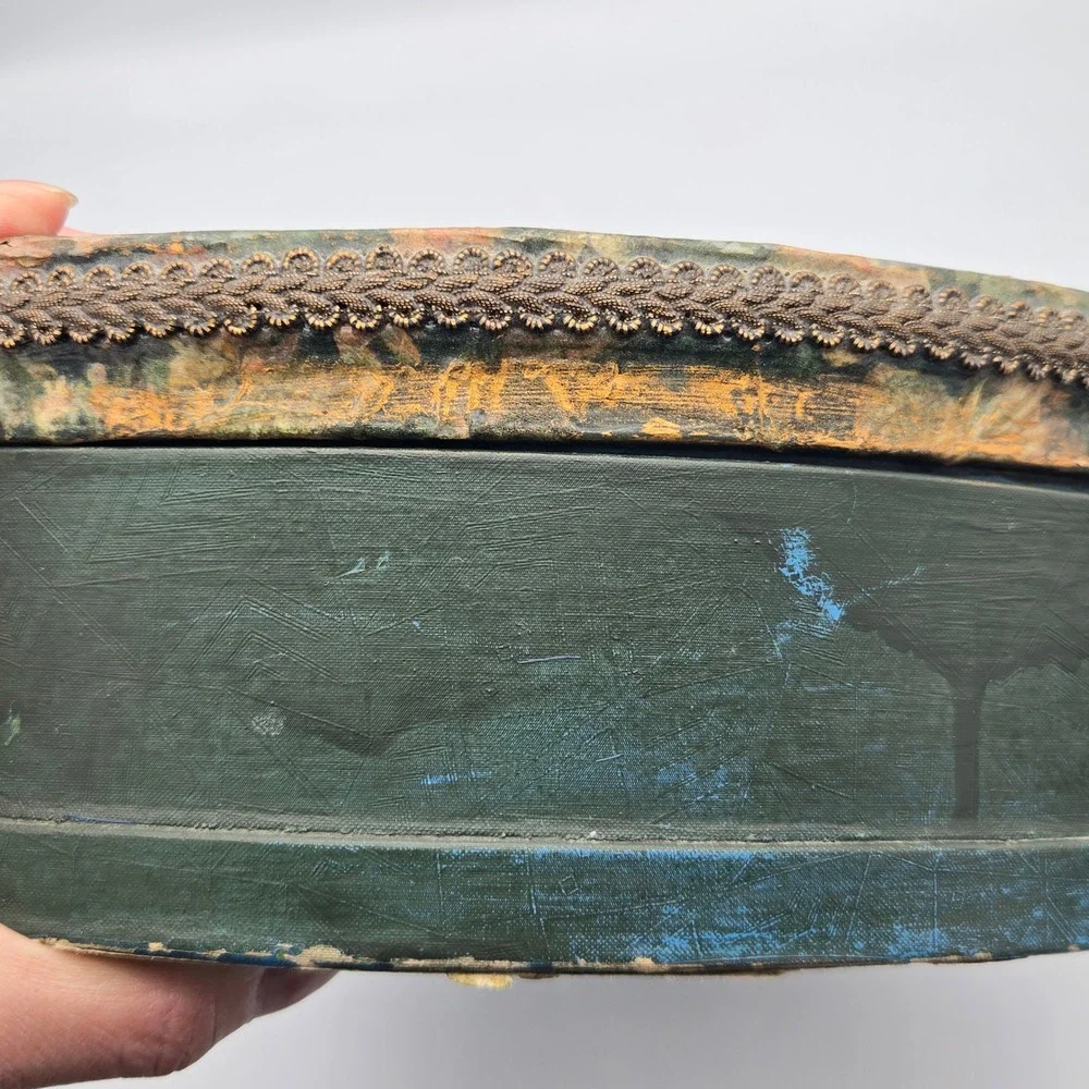 Antique Half Moon Floral Decoupage Large Storage Box Green 12X8X4 Old World